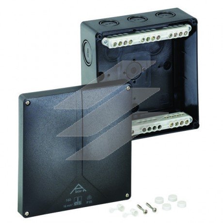 Розподільча коробка Aboх-i 160-16²/sw (180х180х91мм), клема 5х16мм² (4х6-16² на кожний полюс), полікарбонат, 12 вводів (2-М20, 3-М25-М32.5-М32/М40, на днищі 2-М25-М32), IP65, чорна, Spelsberg